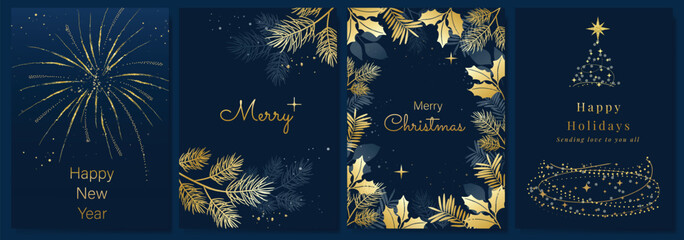 Christmas Luxury gold happy holiday invitation card design vector. Christmas tree, leaves, holly, firework with spot texture on navy blue background. Design illustration for cover, print, poster, ads.