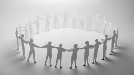 Minimalist image of paper people standing in a tight circle, leaning toward each other with gestures of unity