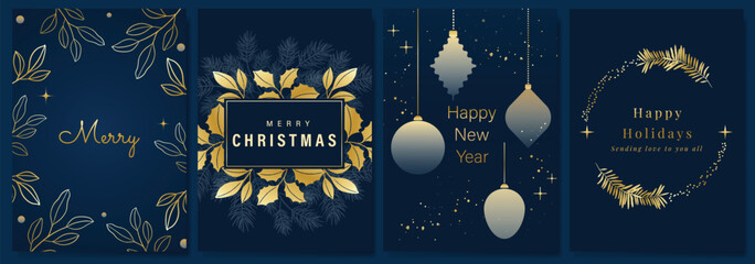 Obraz premium Luxury gold happy holiday invitation card design vector. Christmas tree, leaves, holly, bauble with gold foil texture on navy blue background. Design illustration for cover, print, poster, ads.