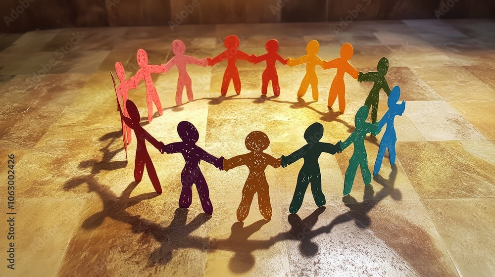 Aufkleber paper cutout figures holding hands in a circle, each a unique color, representing the strength of di