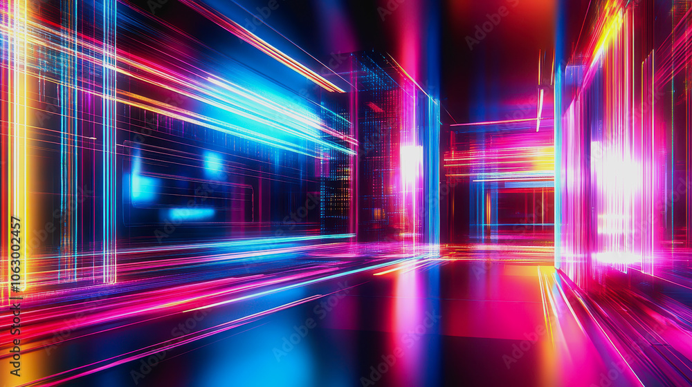 Poster explore this vibrant abstract digital artwork featuring geometric elements and dynamic light pattern