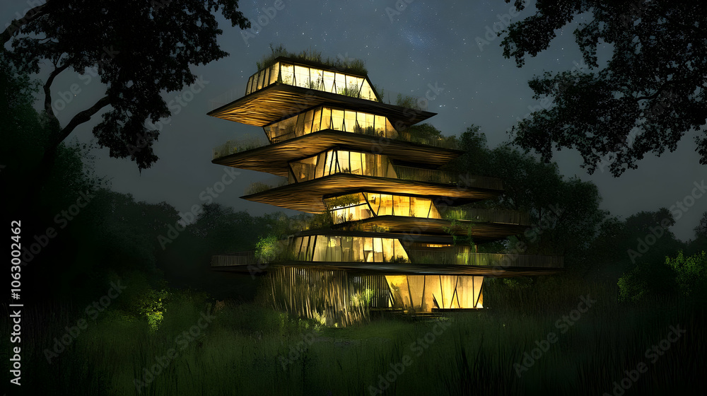 Poster a modern, illuminated multi-level structure surrounded by nature at night. ai image