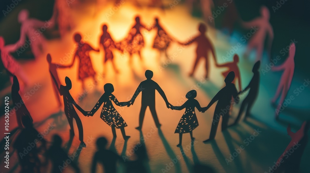 Poster paper cutout figures holding hands in a circle, each a unique color, representing the strength of di
