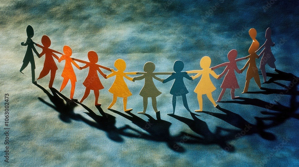 Poster paper cutout figures holding hands in a circle, each a unique color, representing the strength of di