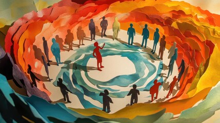 Paper cutouts of people forming a circle, with one figure leaning forward as if telling a story, highlighting connection