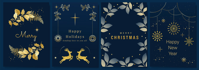 Luxury gold happy holiday invitation card design vector. Christmas bauble, leaves, reindeer with gold foil texture on navy blue background. Design illustration for cover, print, poster, ads.