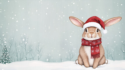 Cute watercolor bunny is sitting in the snow, wearing a santa hat and scarf