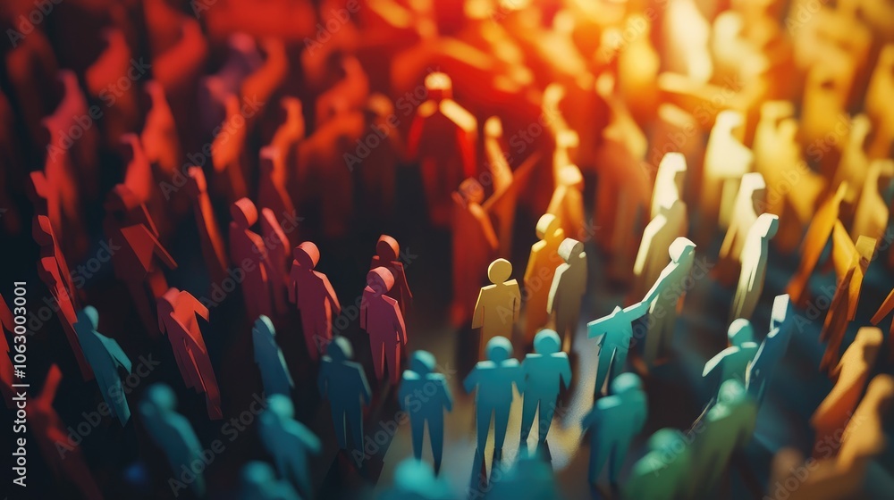 Poster paper figures standing in a close ring, each colored differently, symbolizing unity through diverse 