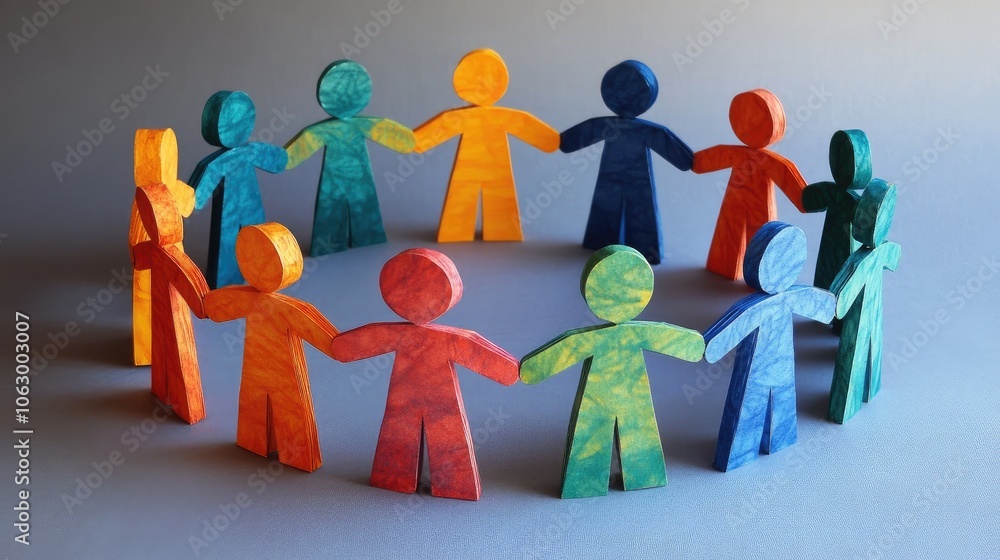 Poster paper figures with interlocking hands, standing in a circle, symbolizing teamwork and a shared sense