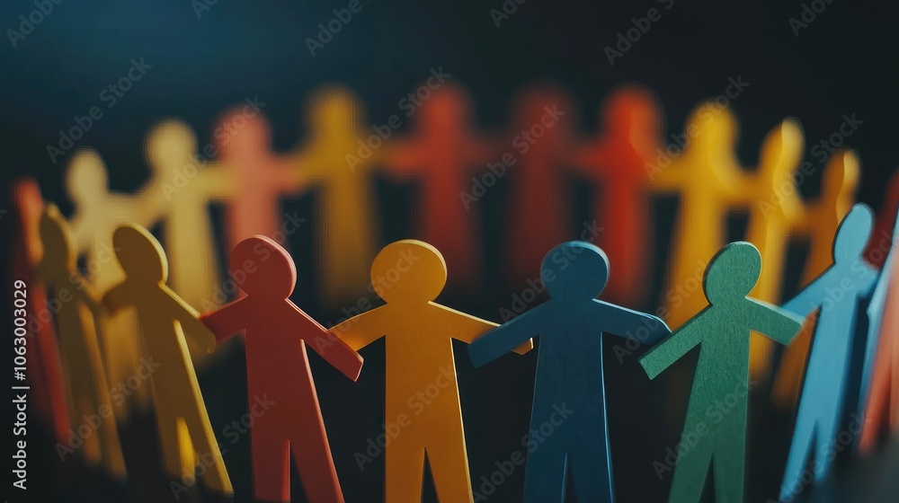 Poster paper figures standing in a close ring, each colored differently, symbolizing unity through diverse 