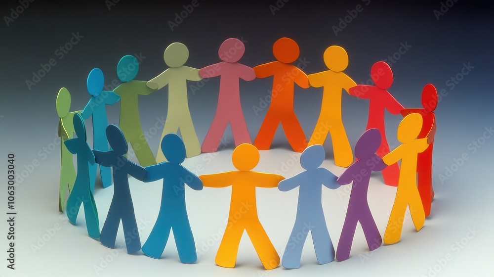 Poster paper figures with interlocking hands, standing in a circle, symbolizing teamwork and a shared sense