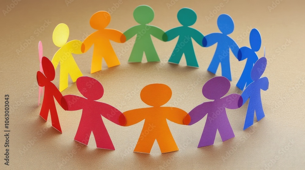 Poster paper figures with interlocking hands, standing in a circle, symbolizing teamwork and a shared sense