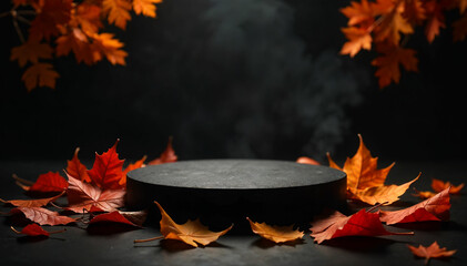 Black Friday Product Display with Fall Foliage - Dark and Moody Product Photography Background, product stage high quality image