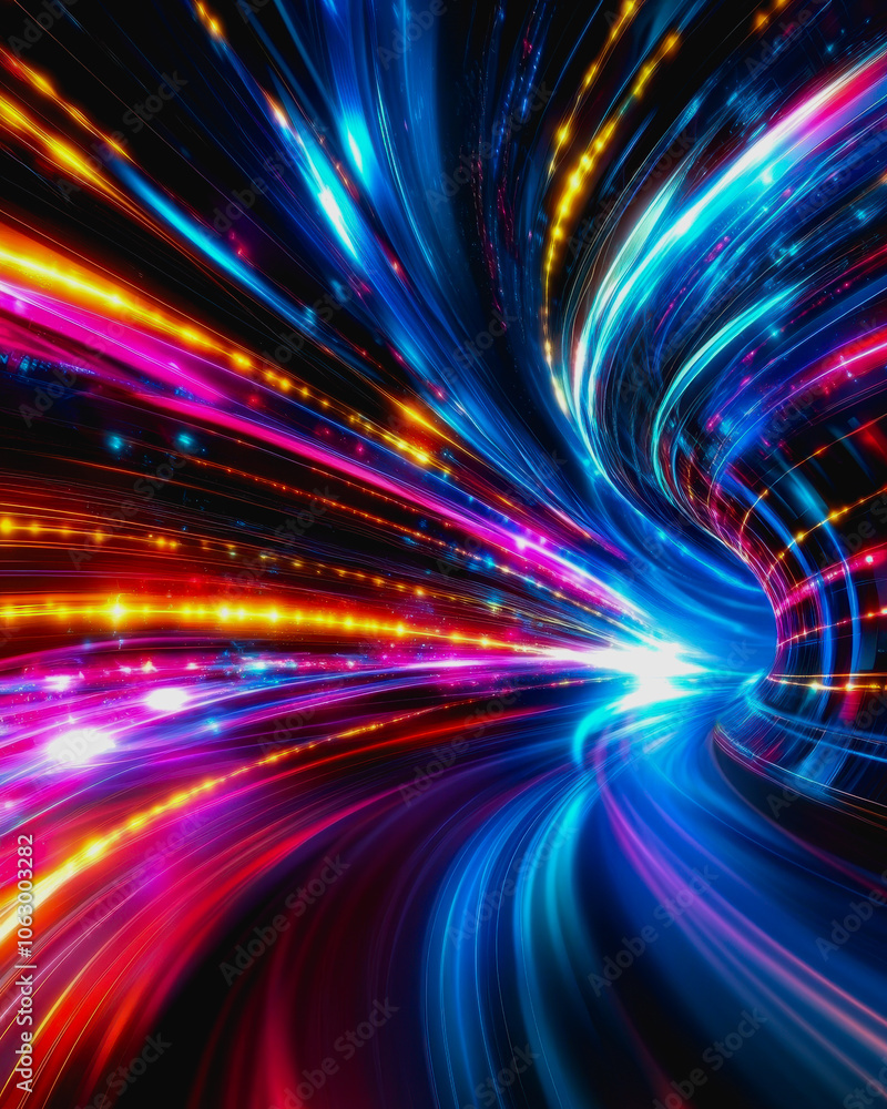 Aufkleber Explore a captivating futuristic design featuring vibrant neon colors swirling in dynamic motion, creating an engaging visual experience perfect for digital interfaces.