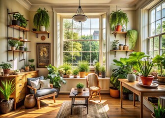 Fototapeta premium Charming Sash Window Decor with Lush Plants and Retro Furnishings in a Grade II Listed Apartment, Showcasing Timeless Elegance and Cozy Atmosphere for Interior Design Inspiration
