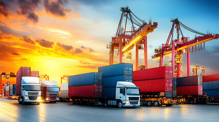 Trucks and shipping containers at a port during sunset, highlighting logistics and transportation. AI Image