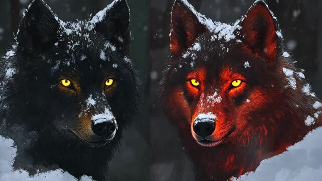 A black wolf and a red wolf with glowing yellow eyes stare intensely at the camera in a snowy forest