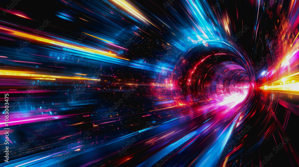 Poster explore a mesmerizing futuristic scene with glowing neon lights creating a vibrant digital interface