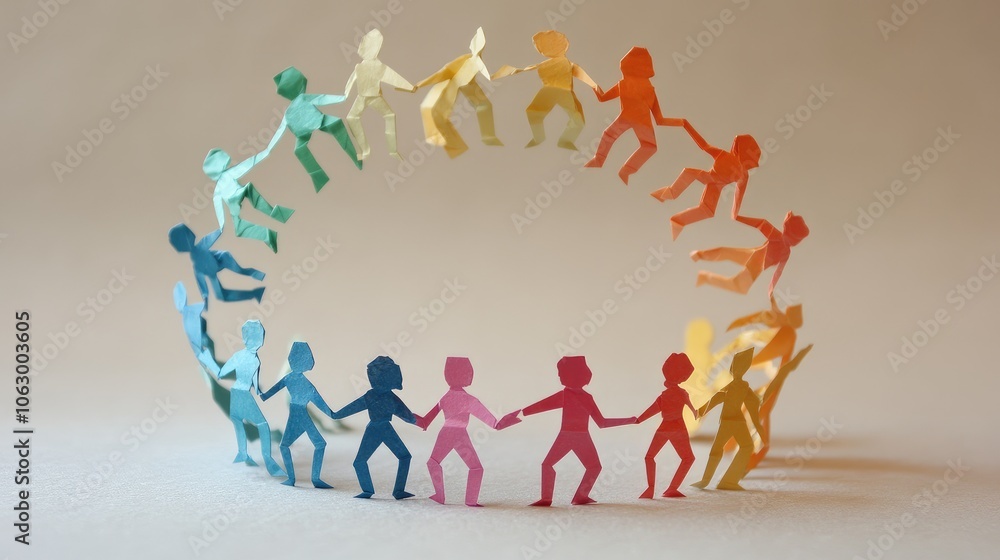 Poster simple chain of paper people arranged in a lively circle, with each figure facing another in a share