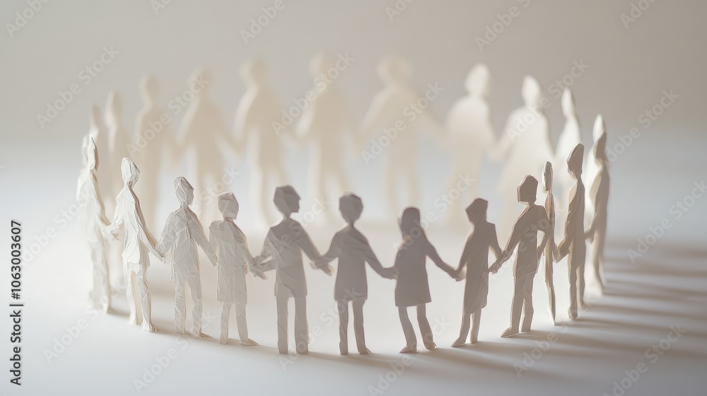 Poster simple chain of paper people arranged in a lively circle, with each figure facing another in a share