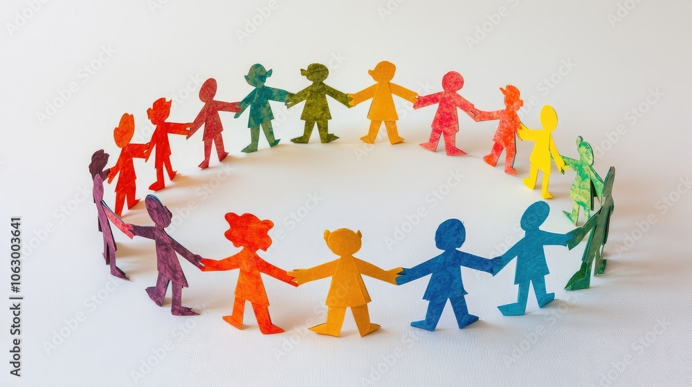 Poster simple chain of paper people arranged in a lively circle, with each figure facing another in a share