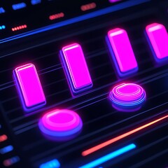 A vibrant digital interface with neon buttons and sliders for audio control.