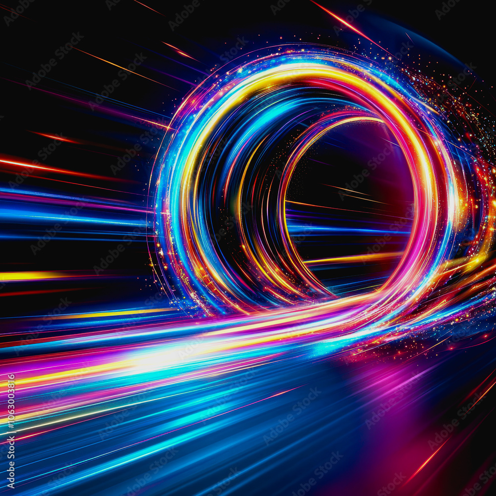 Poster a vibrant and futuristic digital interface featuring glowing neon colors and dynamic motion, perfect
