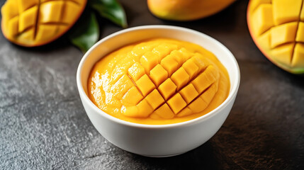 Close-up of a cubed mango half placed in a white bowl, with whole mangoes and green leaves in the background on a dark textured surface.
