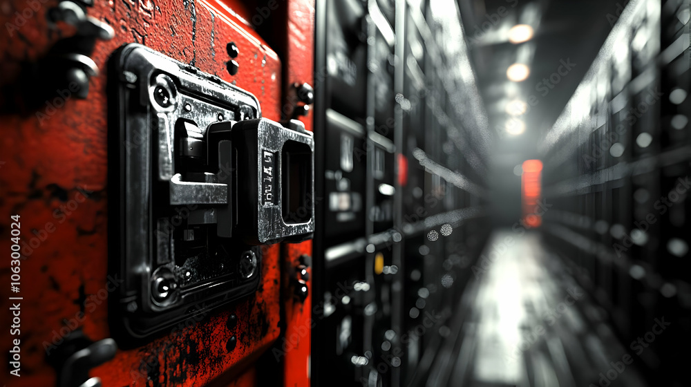 Poster a close-up of a lock on a red locker in a dimly lit corridor of storage units. ai image