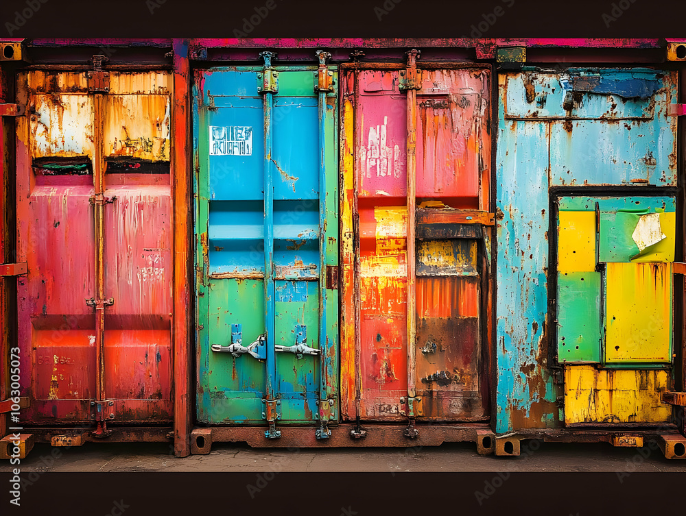 Poster a vibrant display of weathered shipping containers showcasing colorful rust and paint. ai image