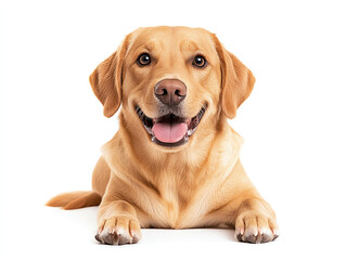 Happy Labrador dog with friendly expression on white background. This cheerful canine showcases its playful nature and warm personality, making it perfect companion