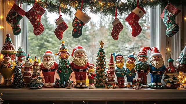 Christmas collection of vintage Santa Claus figurines on a festive fireplace mantel, surrounded by glowing holiday lights. Nostalgic scene in cozy living space