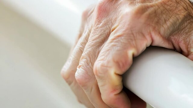 Close-up of an elderly person's hand holding a white support rail, symbolizing strength, support, and the aging process in a minimalist setting.