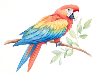 Obraz premium vibrant macaw perched on branch, showcasing its colorful feathers and lively expression. This beautiful bird features mix of red, blue, and green hues, surrounded by delicate leaves