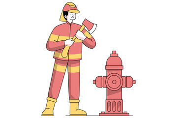 Firefighter with Axe and Hydrant Illustration