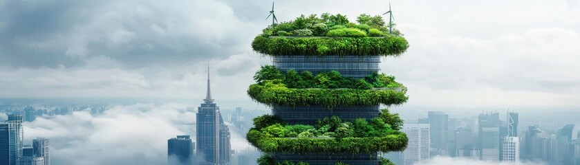 A futuristic green building integrates nature with urban architecture, featuring multiple layers of vegetation and surrounded by a city skyline.