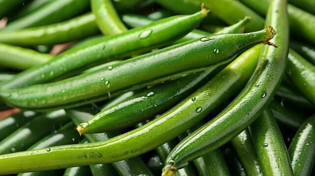 Fresh green beans, glistening with water droplets, make a vibrant display