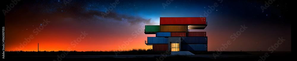 Poster a colorful structure made of shipping containers against a twilight sky. ai image