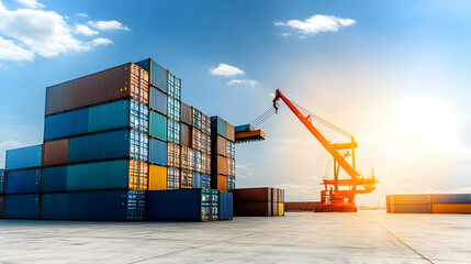 A crane lifting shipping containers at a port during sunset. AI Image