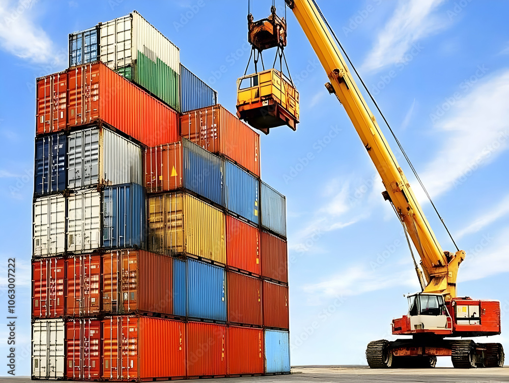 Poster a crane lifting a container onto a stack of shipping containers at a port. ai image