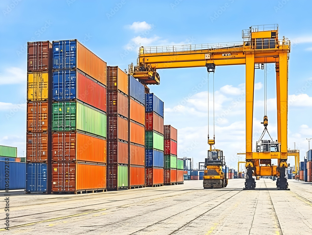 Poster a busy shipping yard with stacked containers and a crane for loading and unloading cargo. ai image