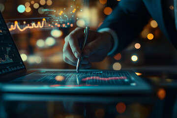 African American woman analyzing financial data on laptop screen, Ai 