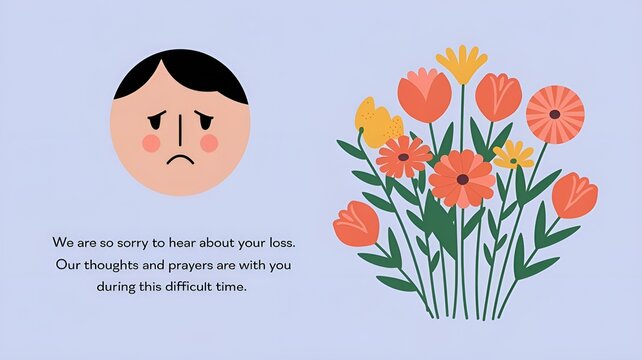 Sympathy card design with a sad face and colorful flowers, conveying heartfelt condolences