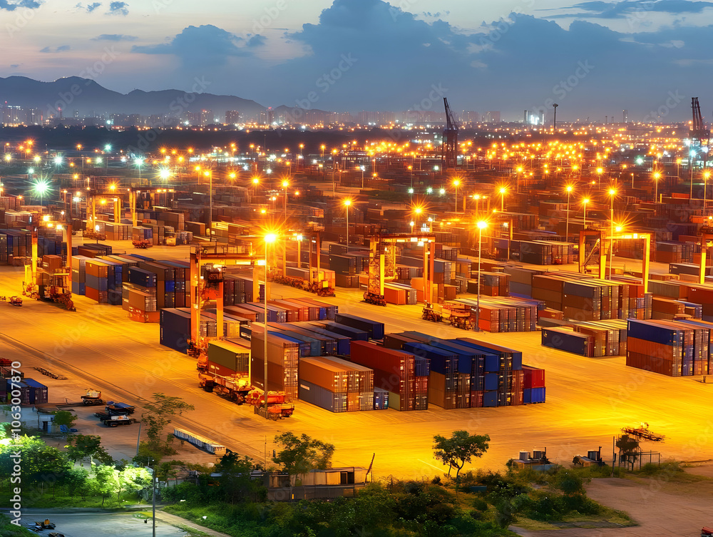 Aufkleber a nighttime view of a busy shipping port filled with containers and illuminated cranes. ai image