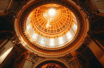 photo of ceiling in the shape of dome with large circular window, architectural background, orange color palette