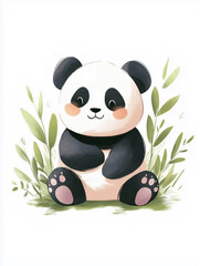 Fototapeta premium Cute Cartoon Panda Illustration with Greenery, Adorable Hand-Drawn Panda Art for Kids
