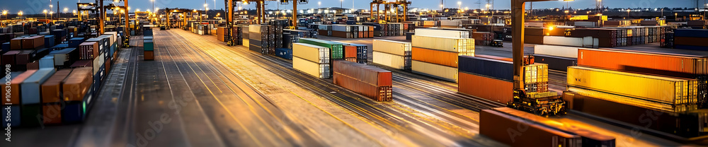 Poster a busy shipping yard filled with colorful containers during twilight. ai image