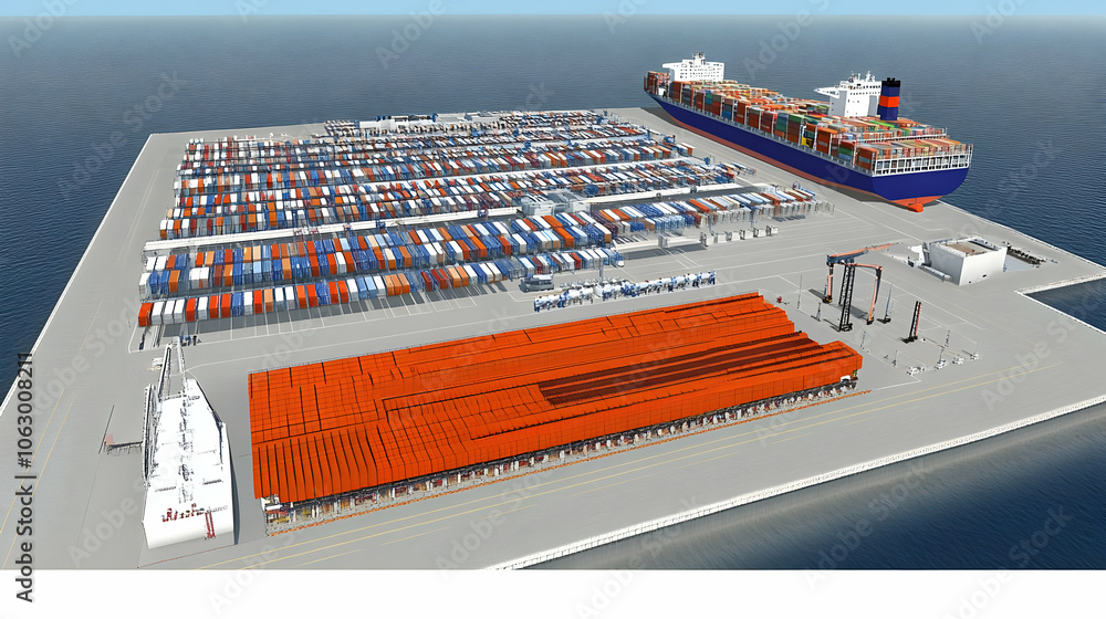 Poster a digital rendering of a shipping port with containers and a cargo ship. ai image