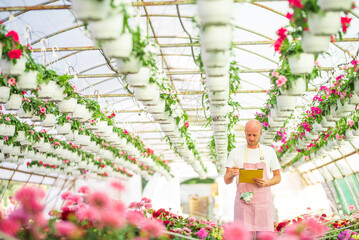 Gardener checking flowers using digital tablet in greenhouse