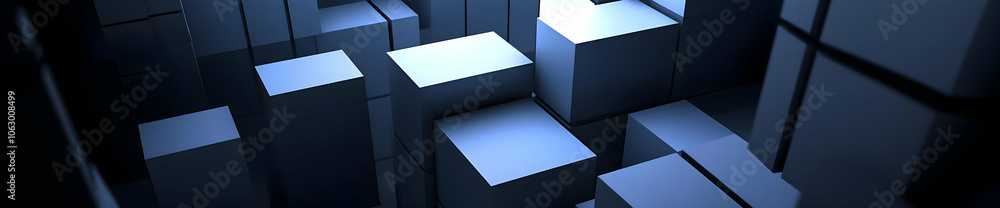 Poster abstract representation of geometric shapes in a dark, minimalist environment. ai image